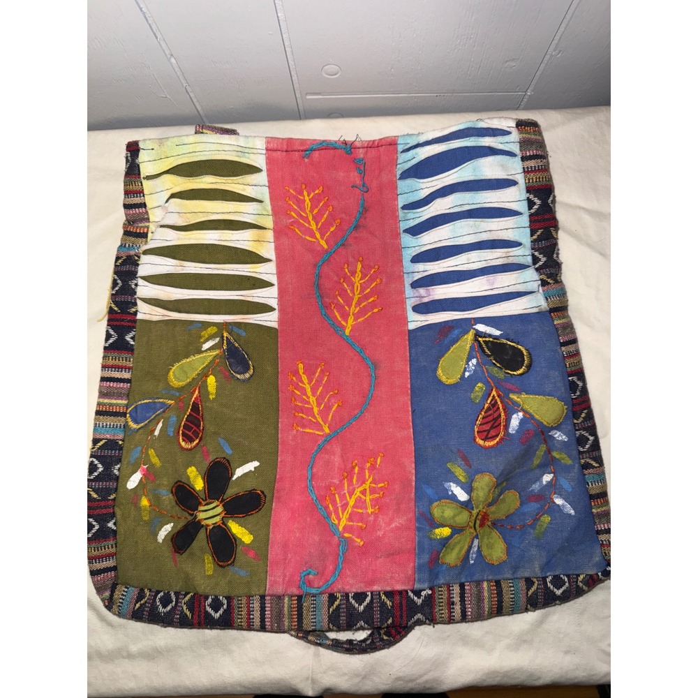 Boho Patchwork Floral‎ Embroidered Cotton Canvas Tote Bag Multicolor Hippie Bag